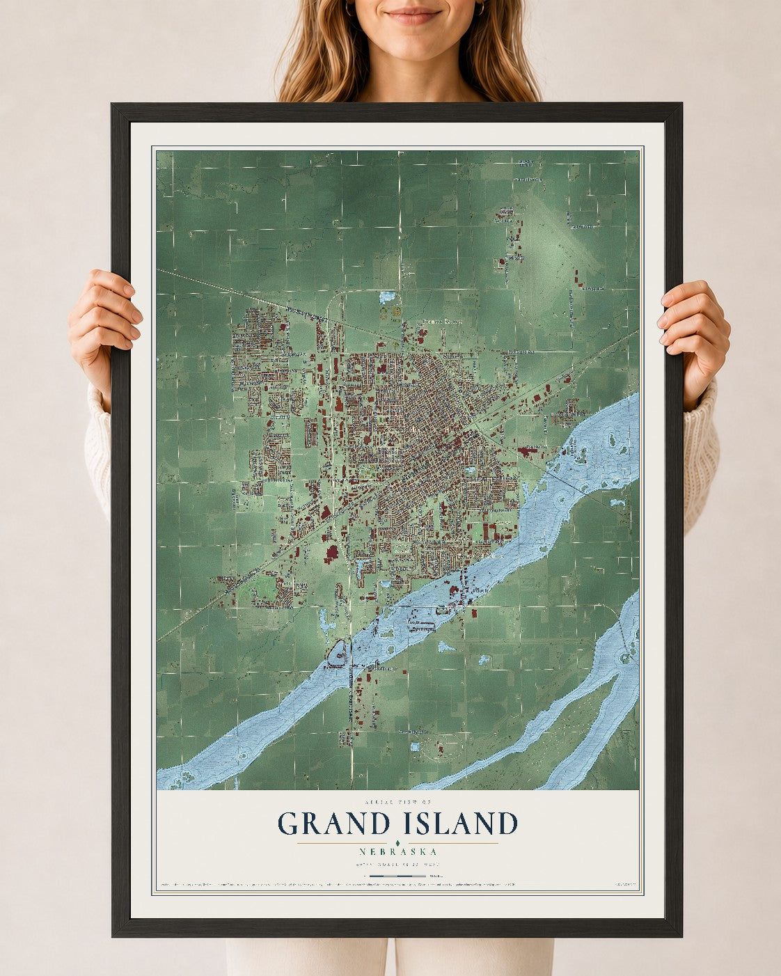 Map of Grand Island, Nebraska, 24 x 36 inch print in a black wood frame