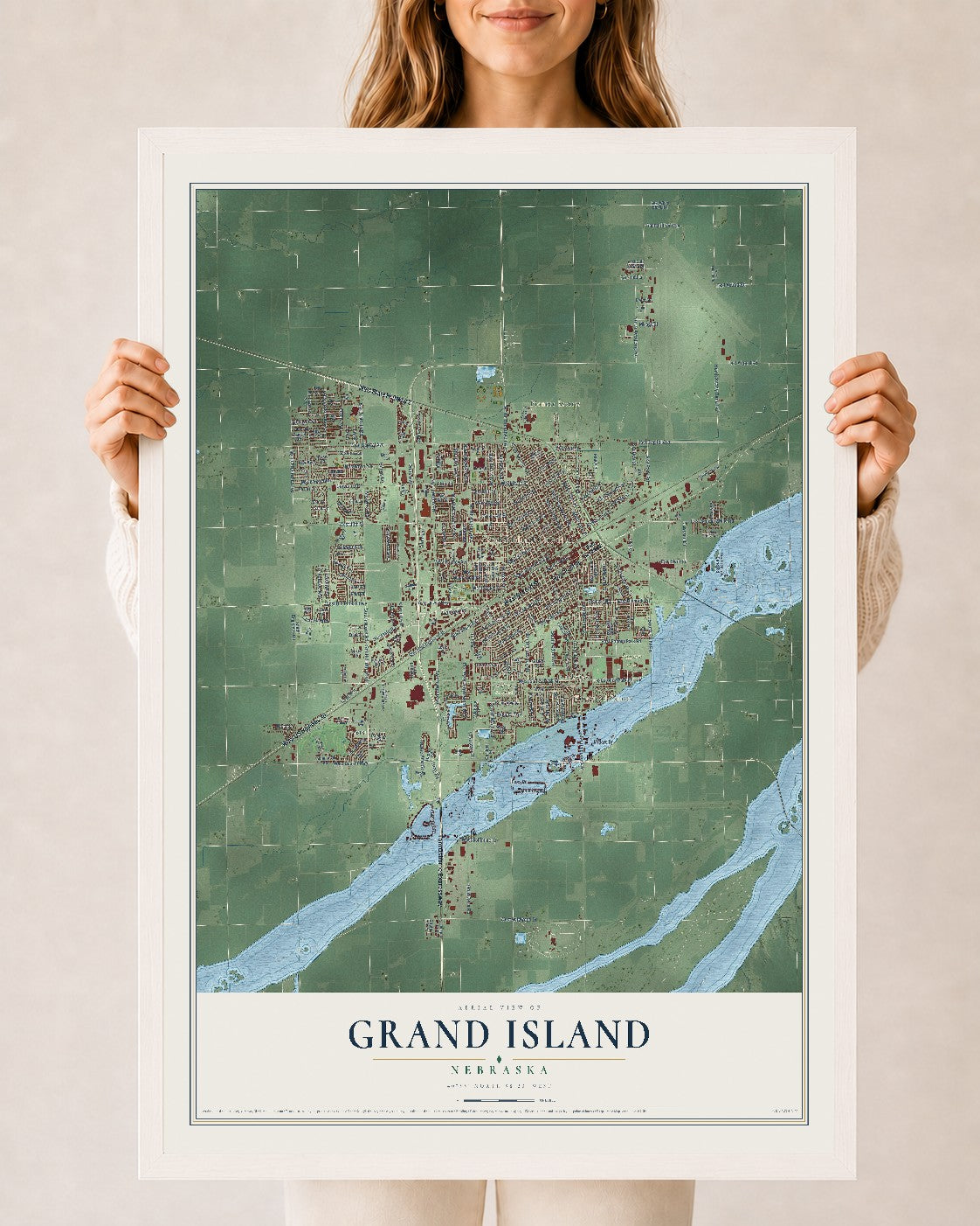 Map of Grand Island, Nebraska, 24 x 36 inch print in a white wood frame