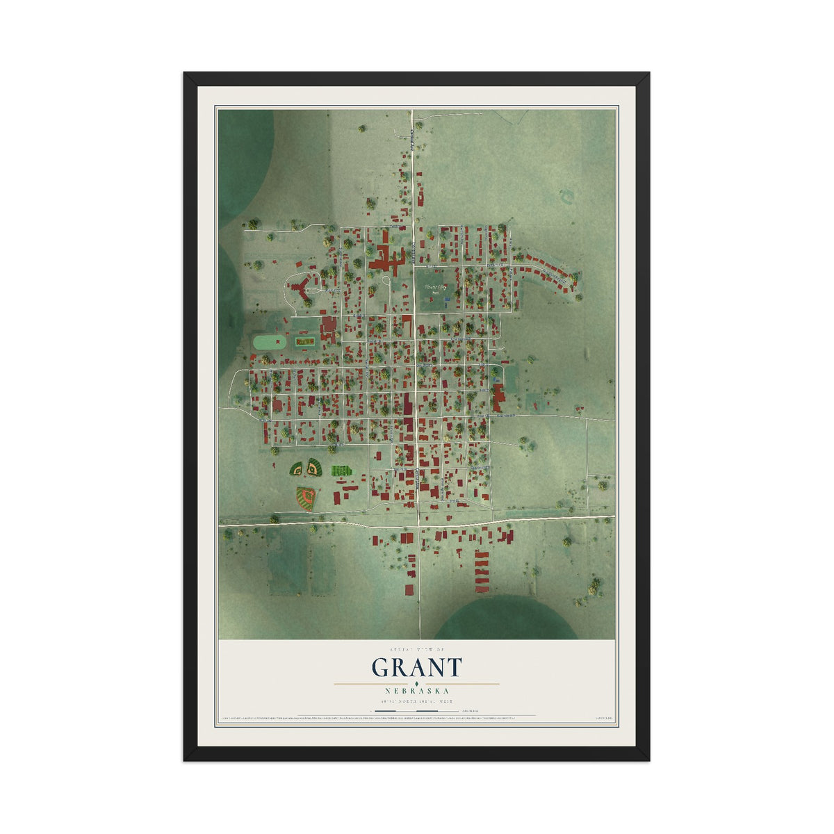 Map of Grant, Nebraska, 12 x 18 inch print in a black wood frame