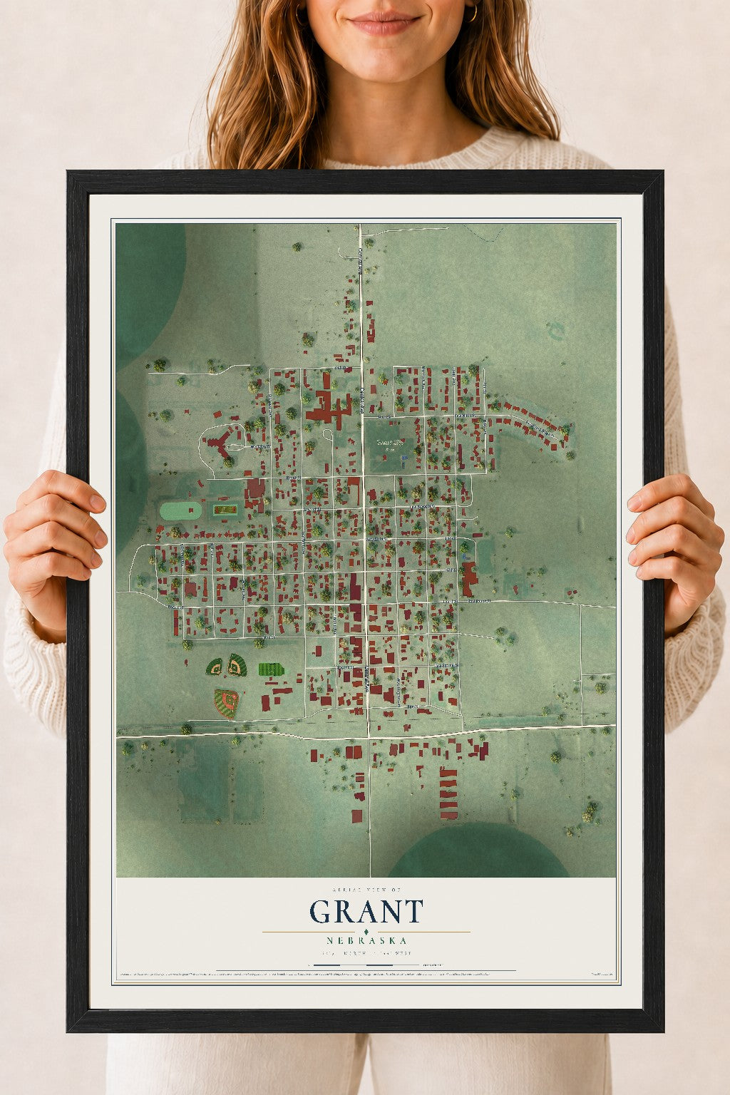 Map of Grant, Nebraska, 18 x 24 inch print in a black wood frame