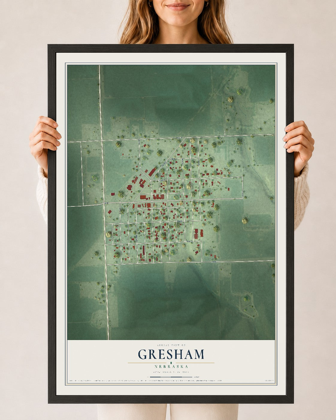 Map of Gresham, Nebraska, 24 x 36 inch print in a black wood frame