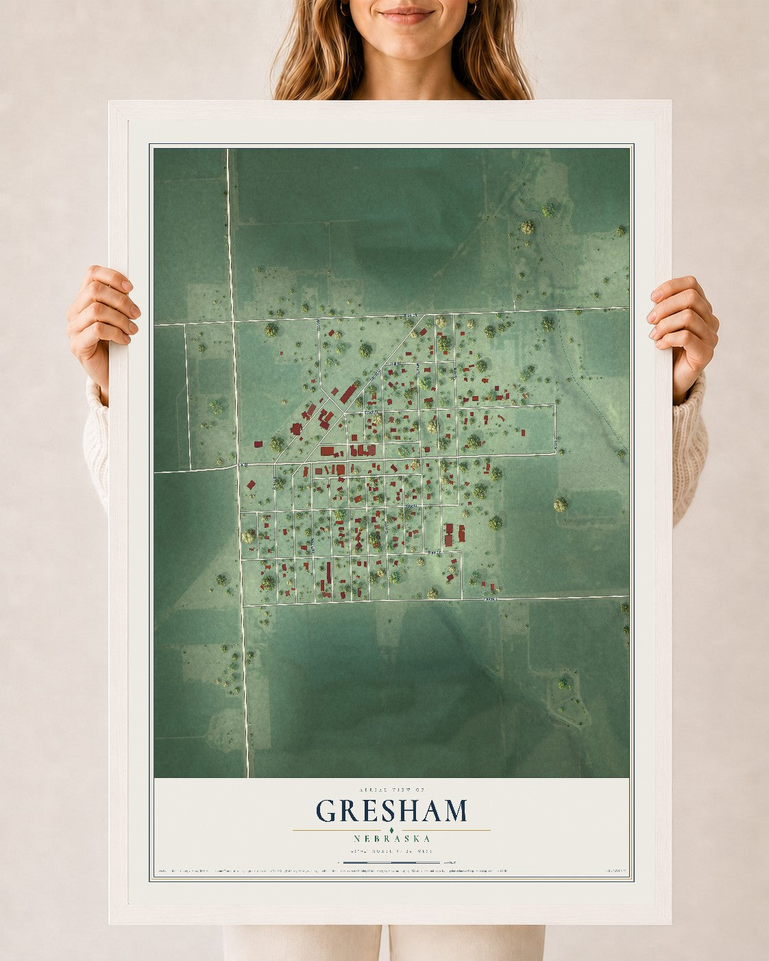 Map of Gresham, Nebraska, 24 x 36 inch print in a white wood frame