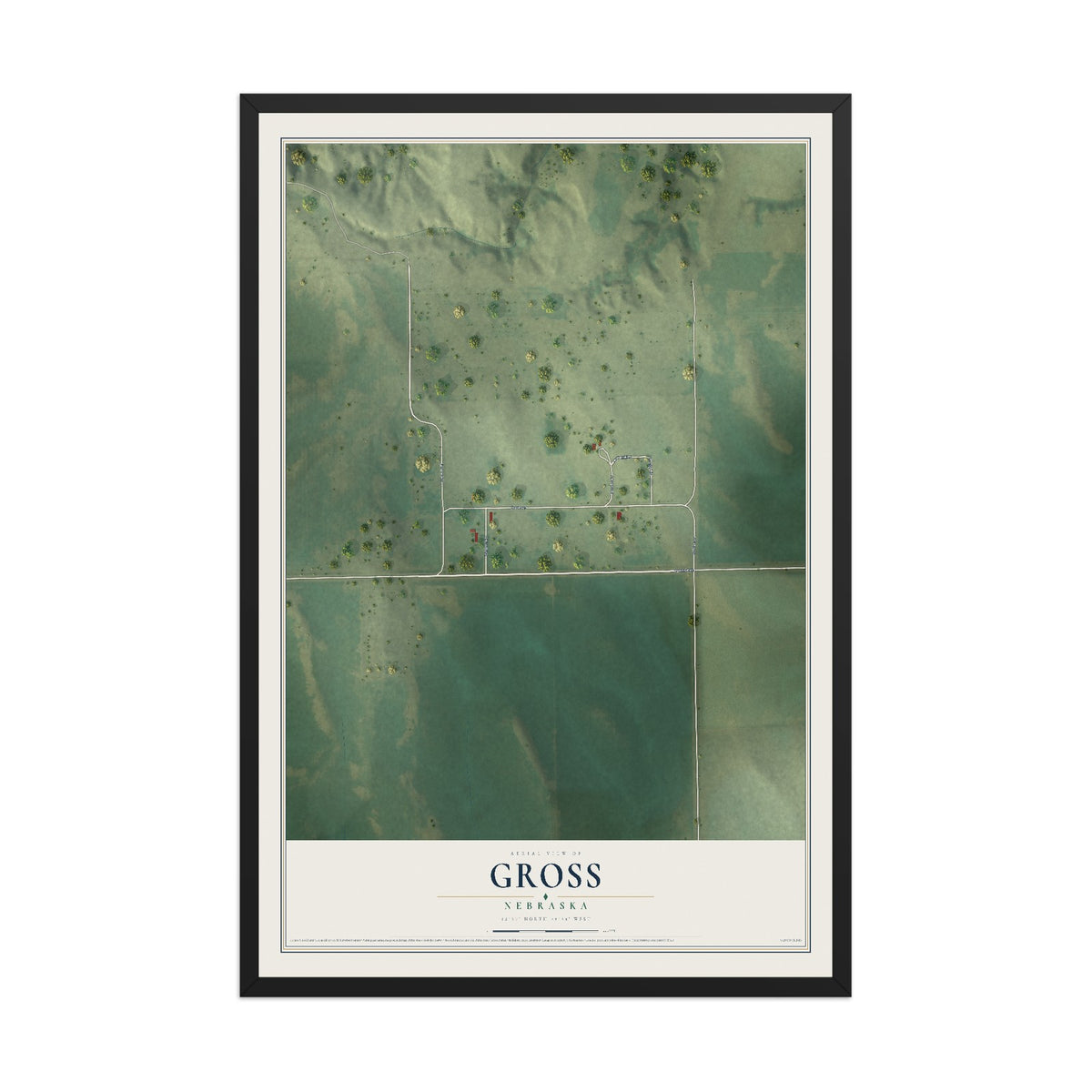 Map of Gross, Nebraska, 12 x 18 inch print in a black wood frame