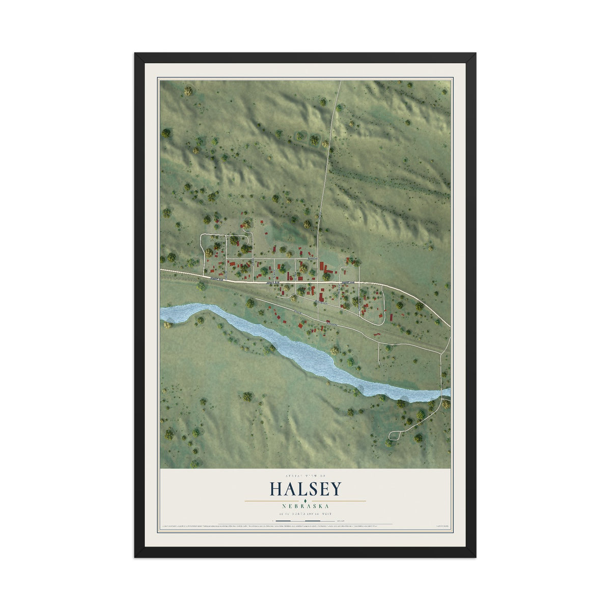 Map of Halsey, Nebraska, 12 x 18 inch print in a black wood frame