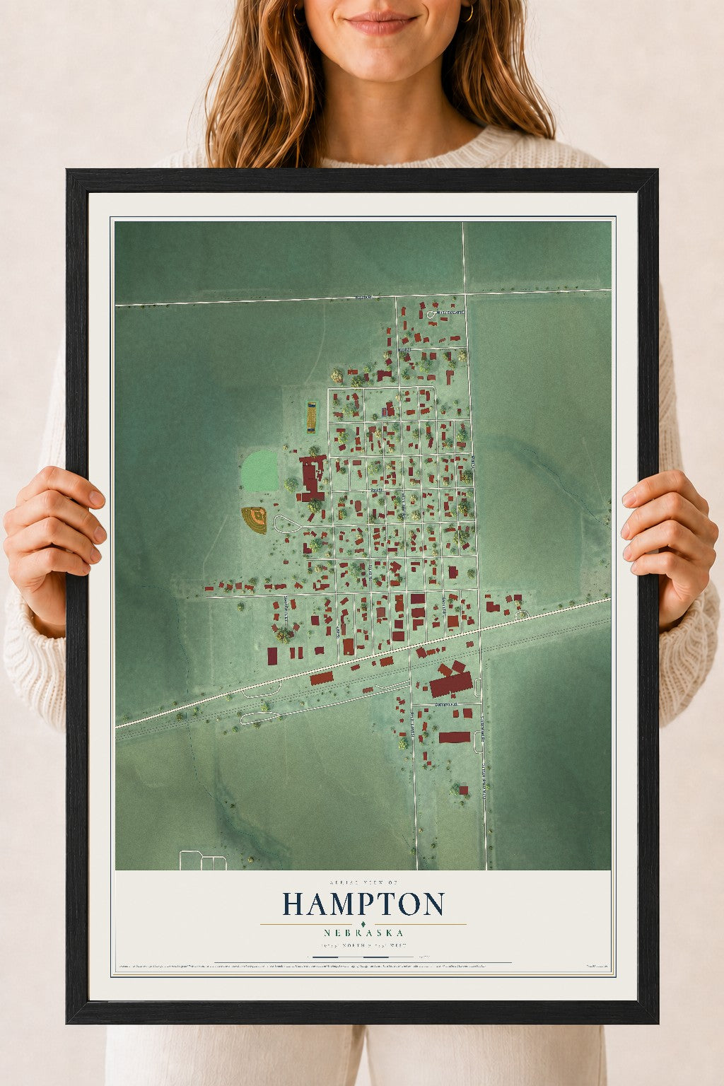 Map of Hampton, Nebraska, 18 x 24 inch print in a black wood frame