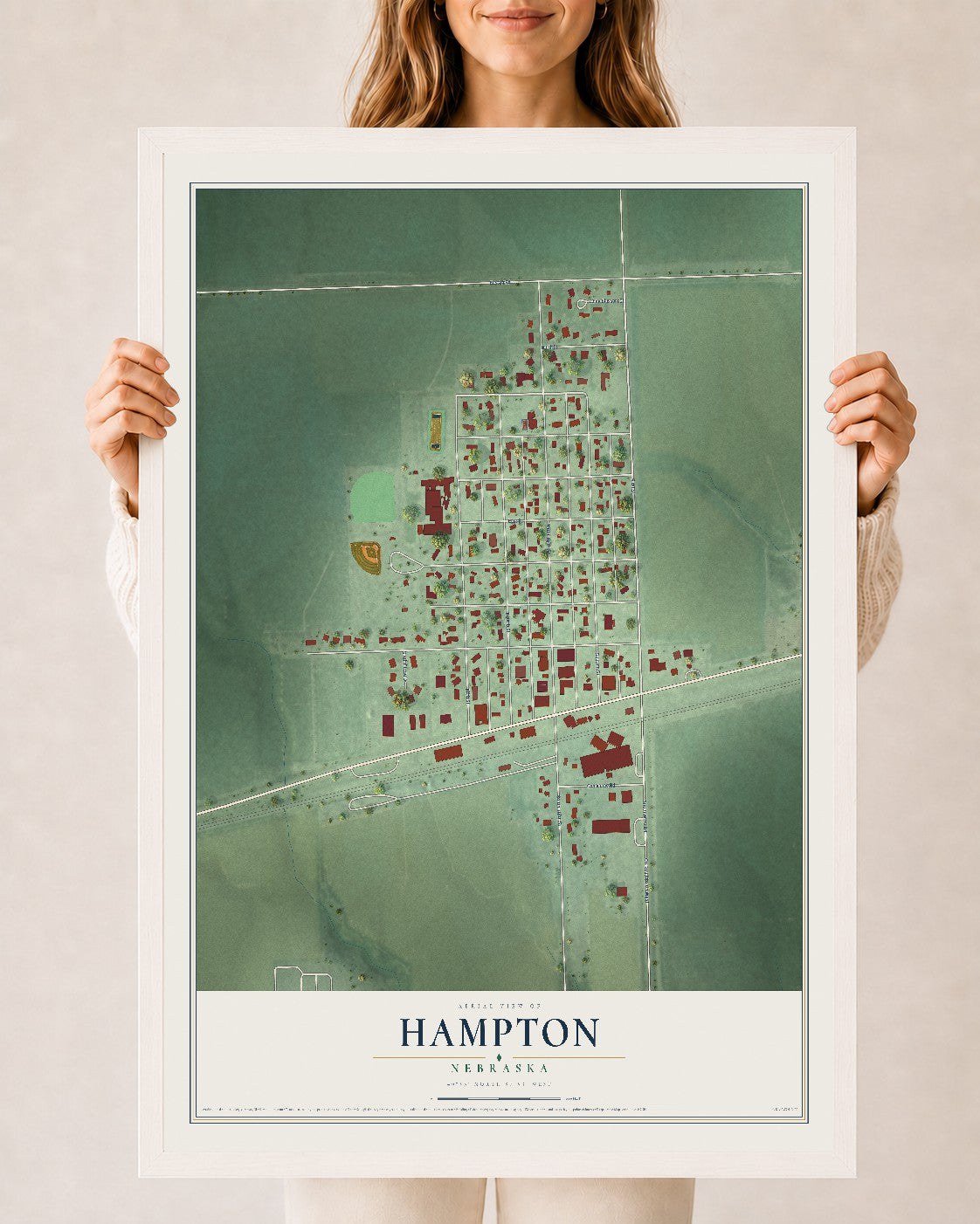 Map of Hampton, Nebraska, 24 x 36 inch print in a white wood frame