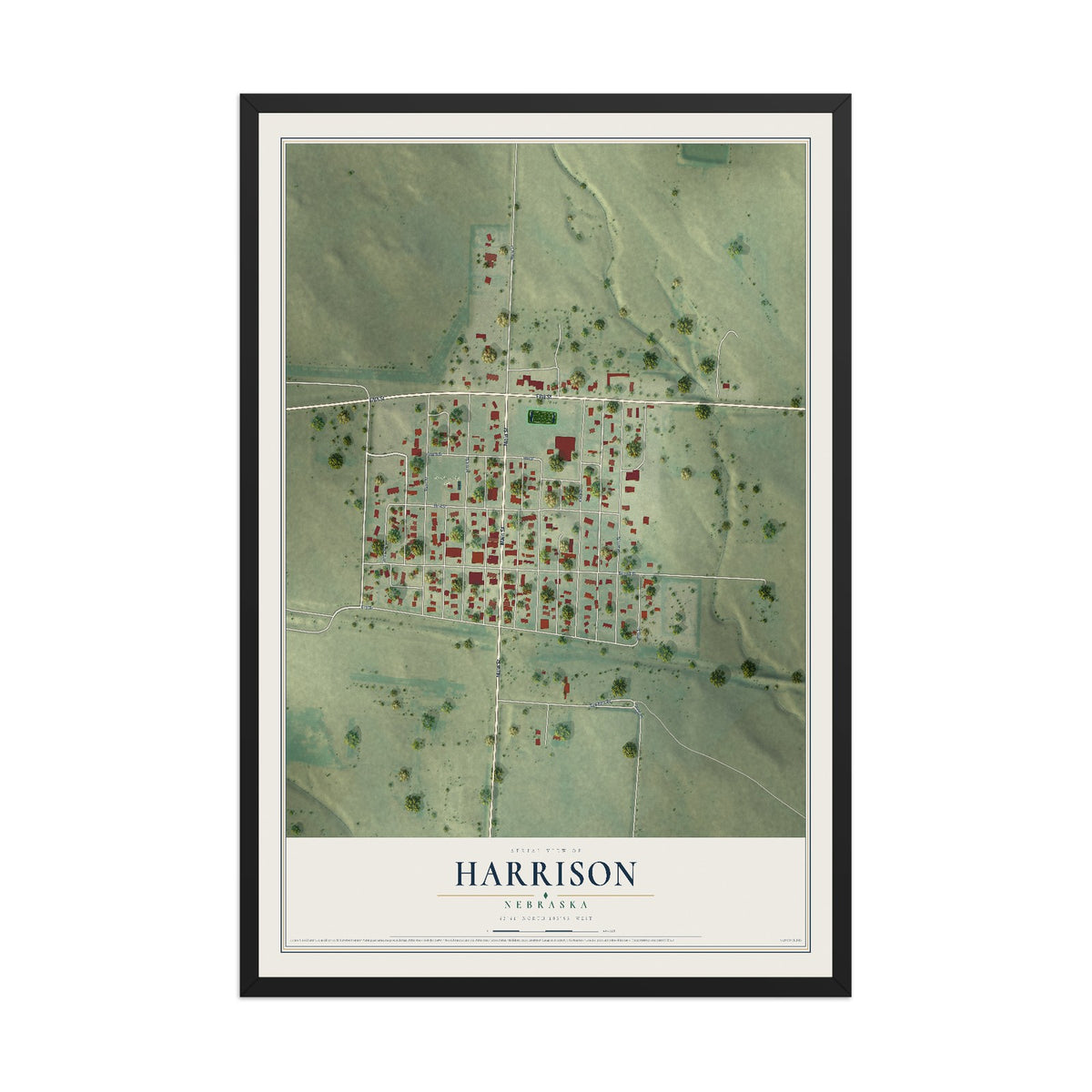 Map of Harrison, Nebraska, 12 x 18 inch print in a black wood frame