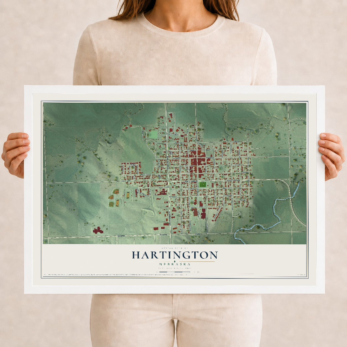 Map of Hartington, Nebraska, 12 x 18 inch print in a white wood frame