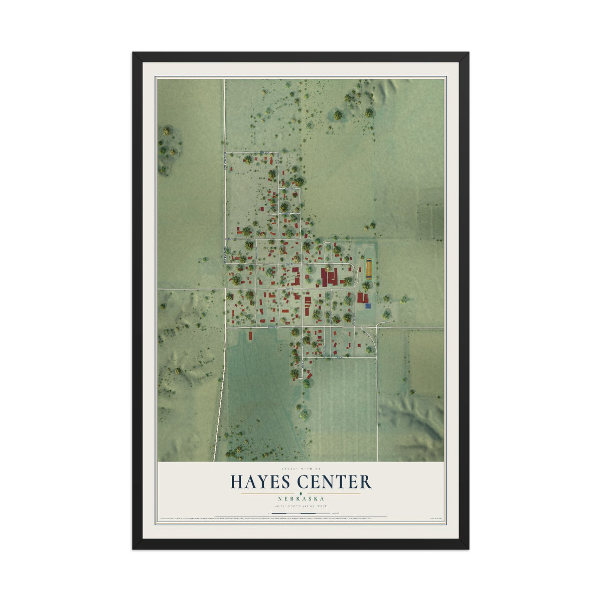 Map of Hayes Center, Nebraska, 12 x 18 inch print in a black wood frame