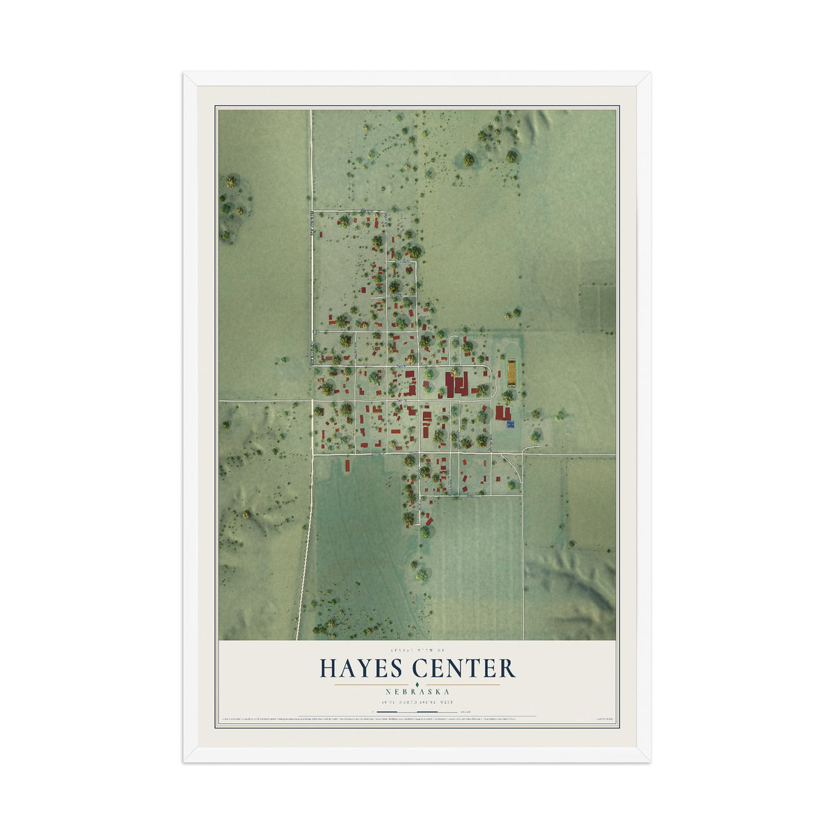 Map of Hayes Center, Nebraska, 12 x 18 inch print in a white wood frame