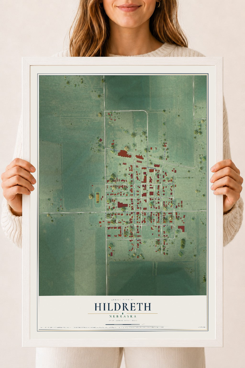 Map of Hildreth, Nebraska, 18 x 24 inch print in a white wood frame