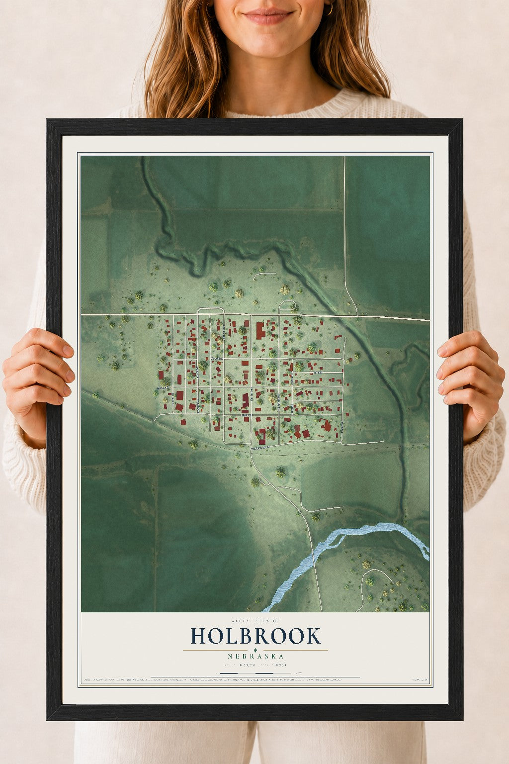 Map of Holbrook, Nebraska, 18 x 24 inch print in a black wood frame