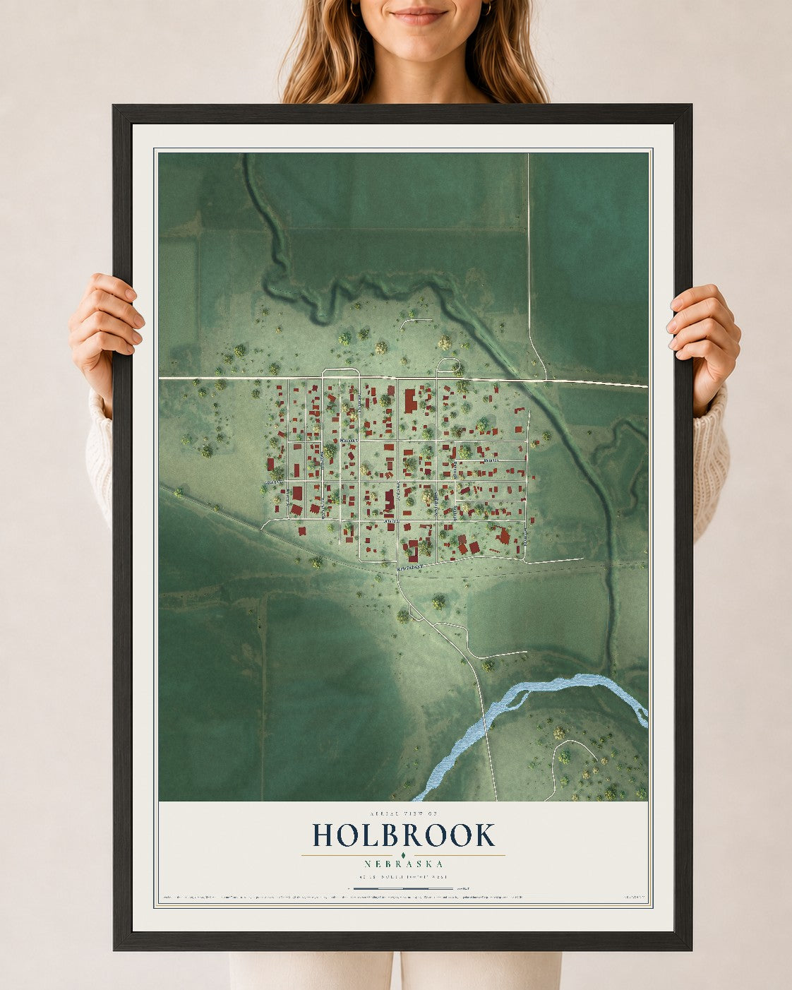 Map of Holbrook, Nebraska, 24 x 36 inch print in a black wood frame