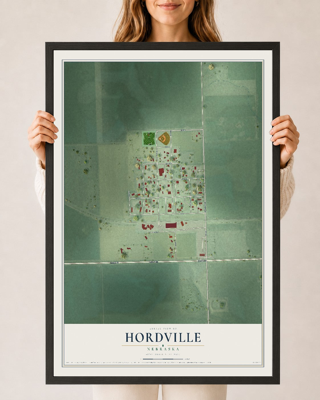 Map of Hordville, Nebraska, 24 x 36 inch print in a black wood frame
