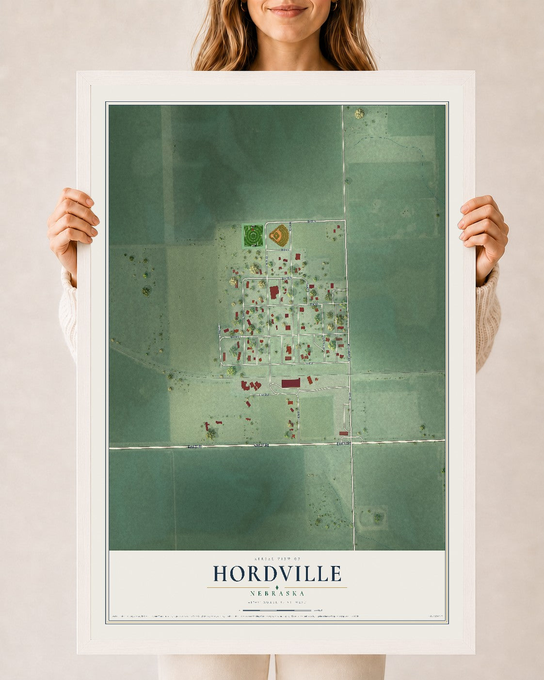 Map of Hordville, Nebraska, 24 x 36 inch print in a white wood frame