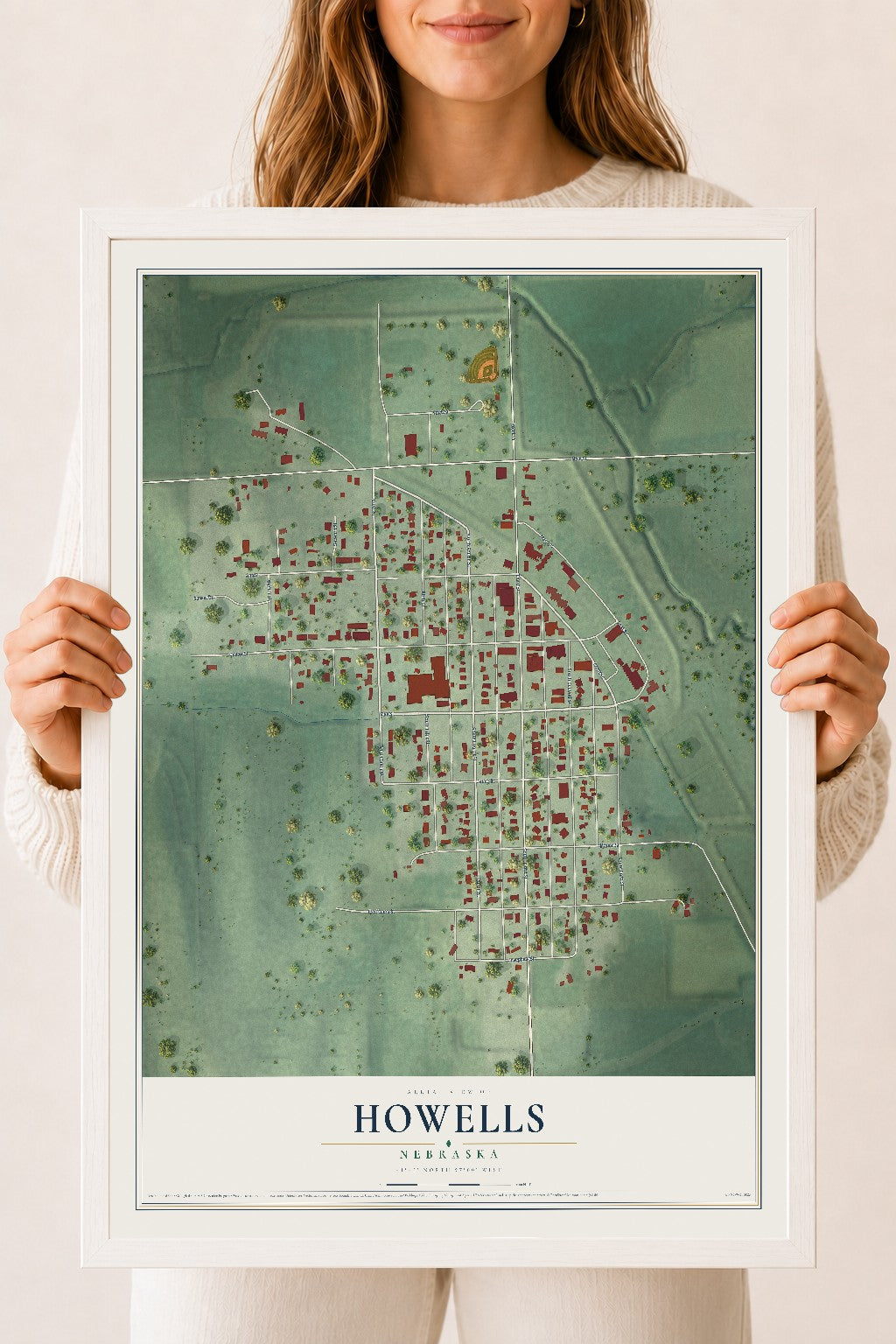 Map of Howells, Nebraska, 18 x 24 inch print in a white wood frame