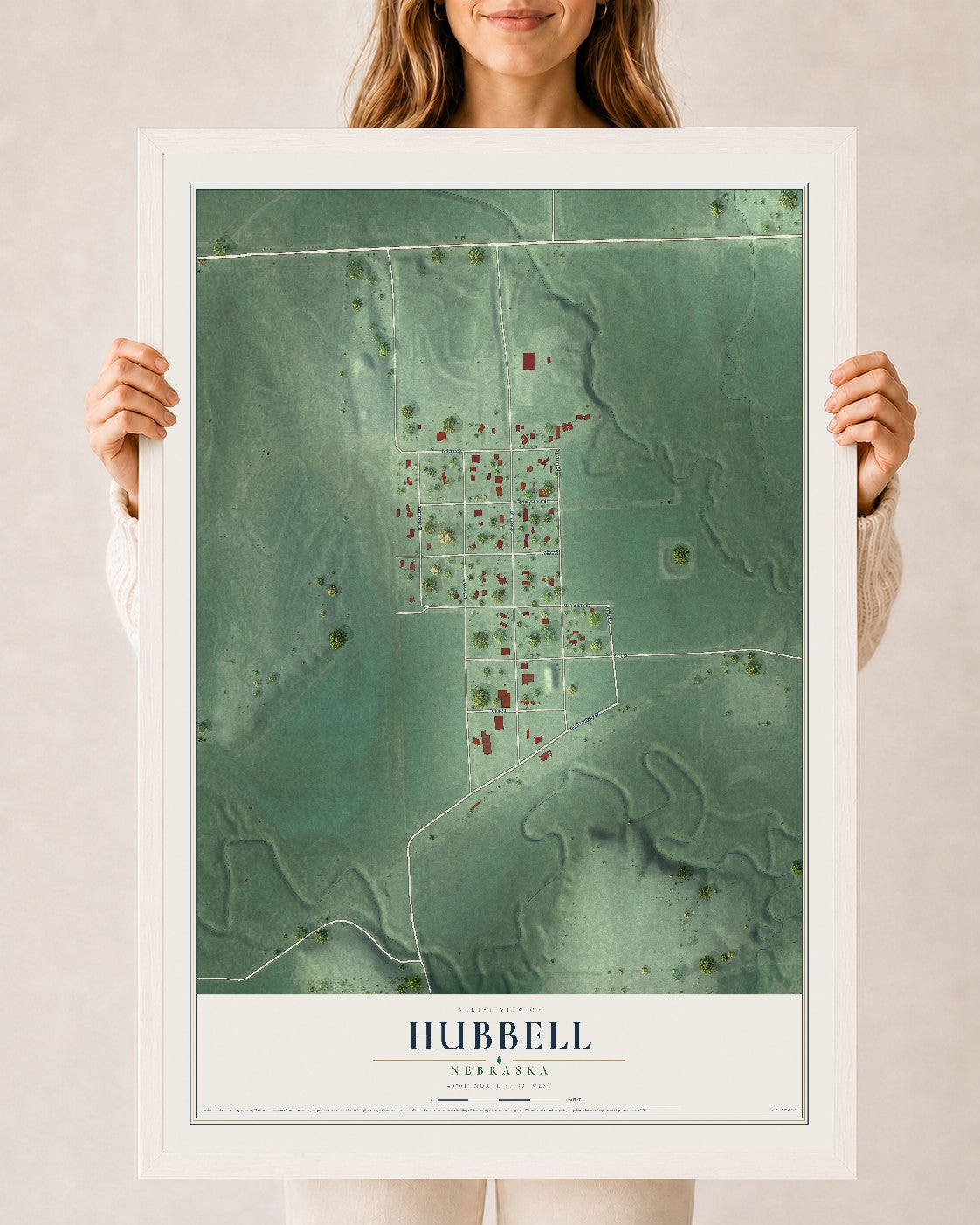 Map of Hubbell, Nebraska, 24 x 36 inch print in a white wood frame