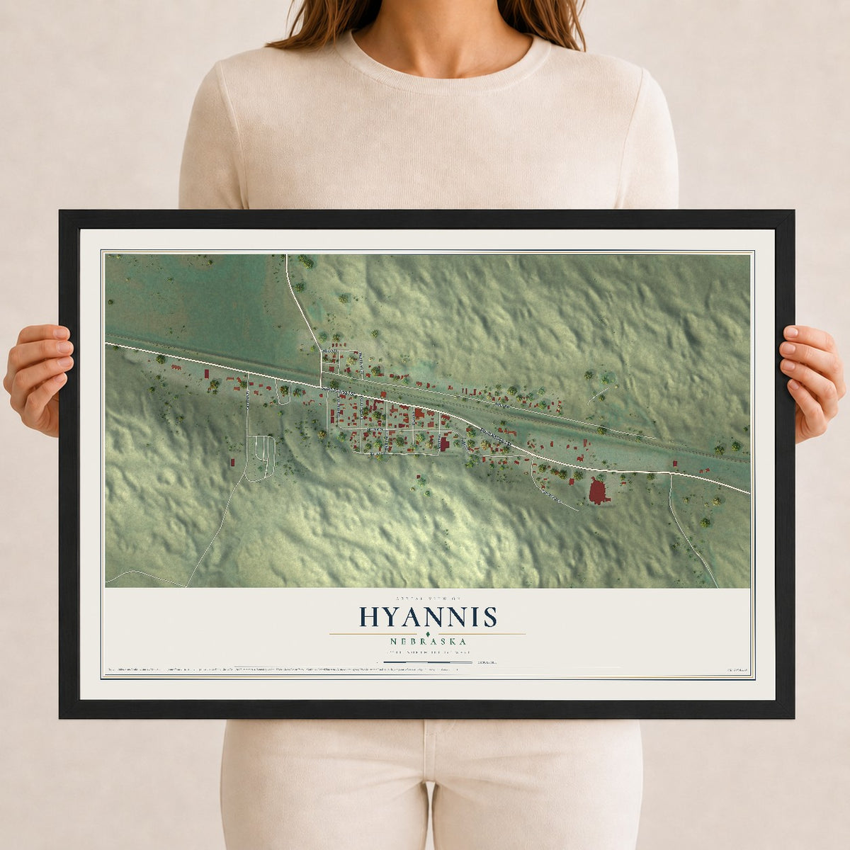 Map of Hyannis, Nebraska, 12 x 18 inch print in a black wood frame