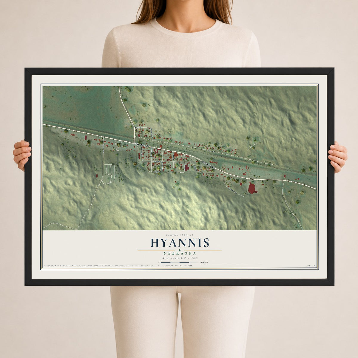 Map of Hyannis, Nebraska, 24 x 36 inch print in a black wood frame