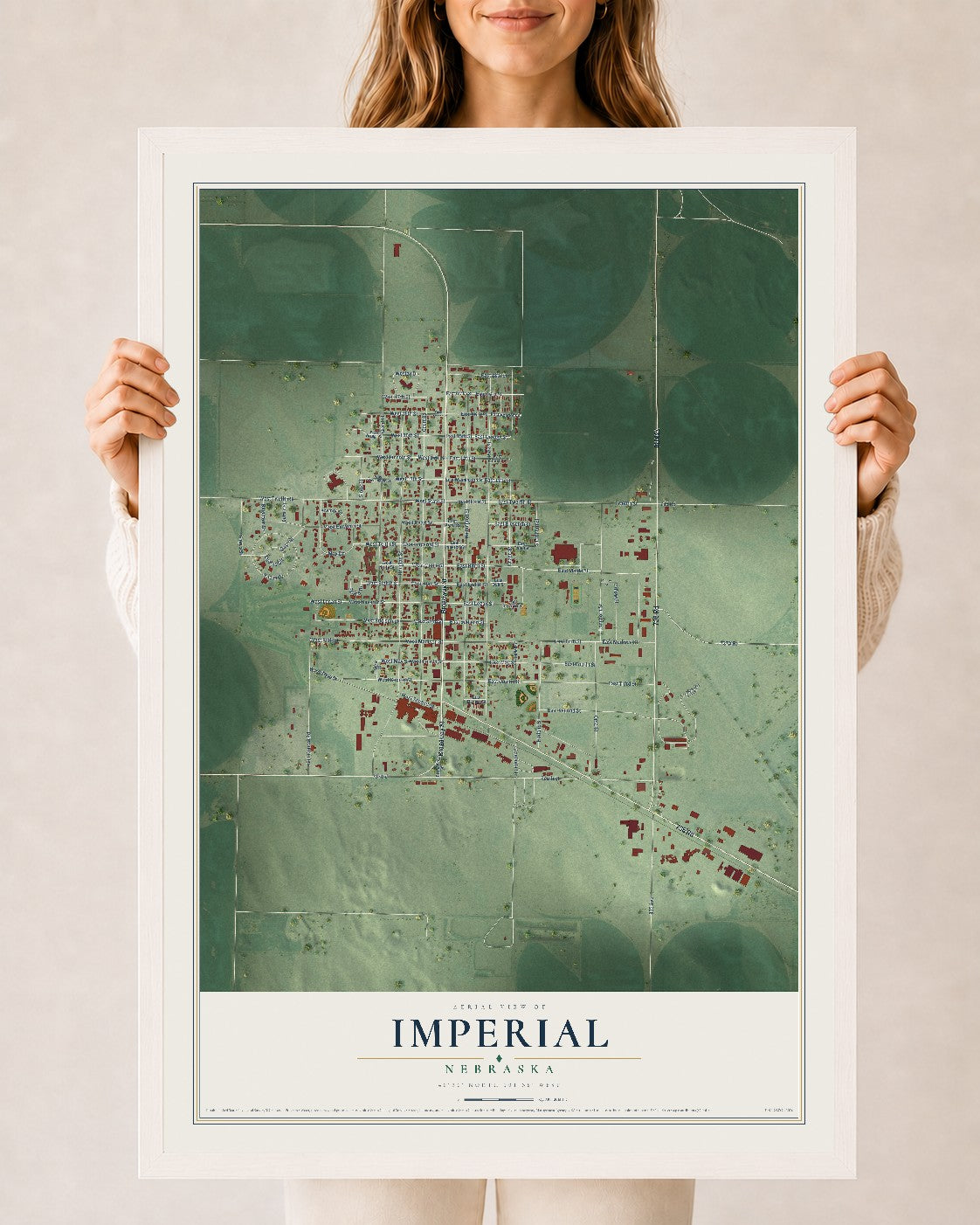 Map of Imperial, Nebraska, 24 x 36 inch print in a white wood frame