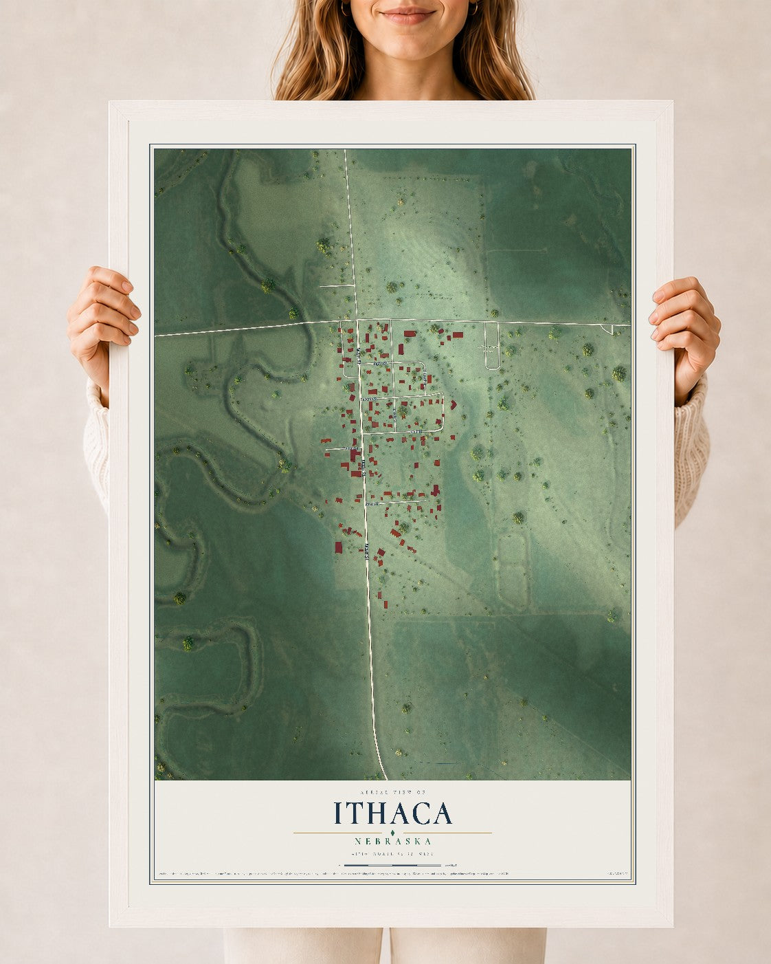 Map of Ithaca, Nebraska, 24 x 36 inch print in a white wood frame