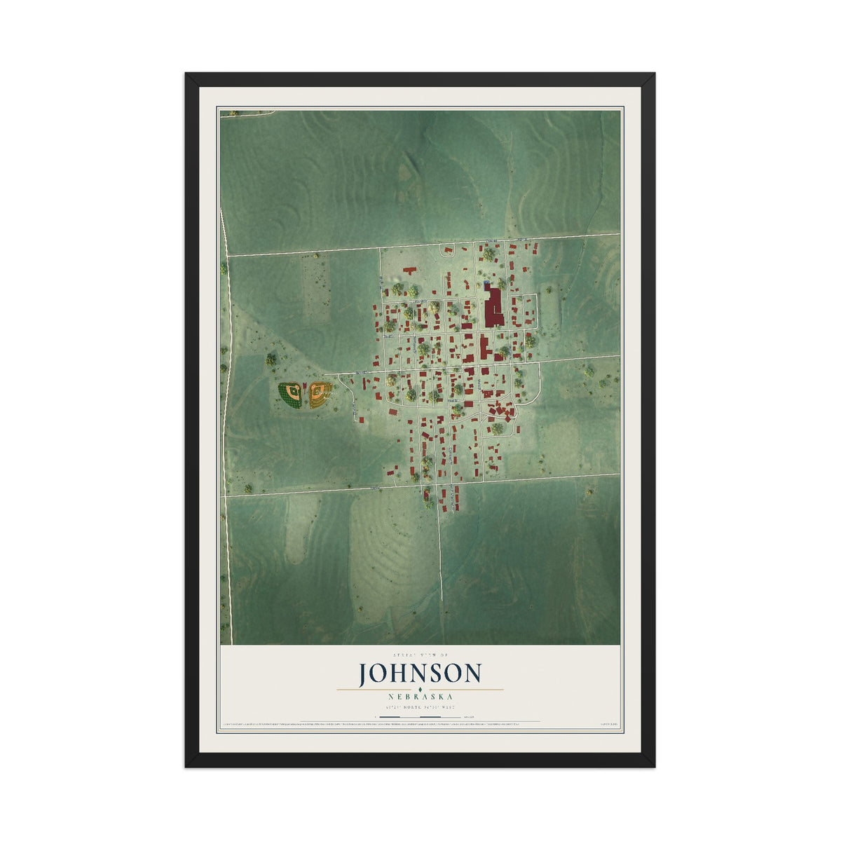 Map of Johnson, Nebraska, 12 x 18 inch print in a black wood frame