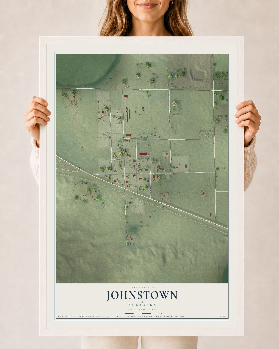 Map of Johnstown, Nebraska, 24 x 36 inch print in a white wood frame