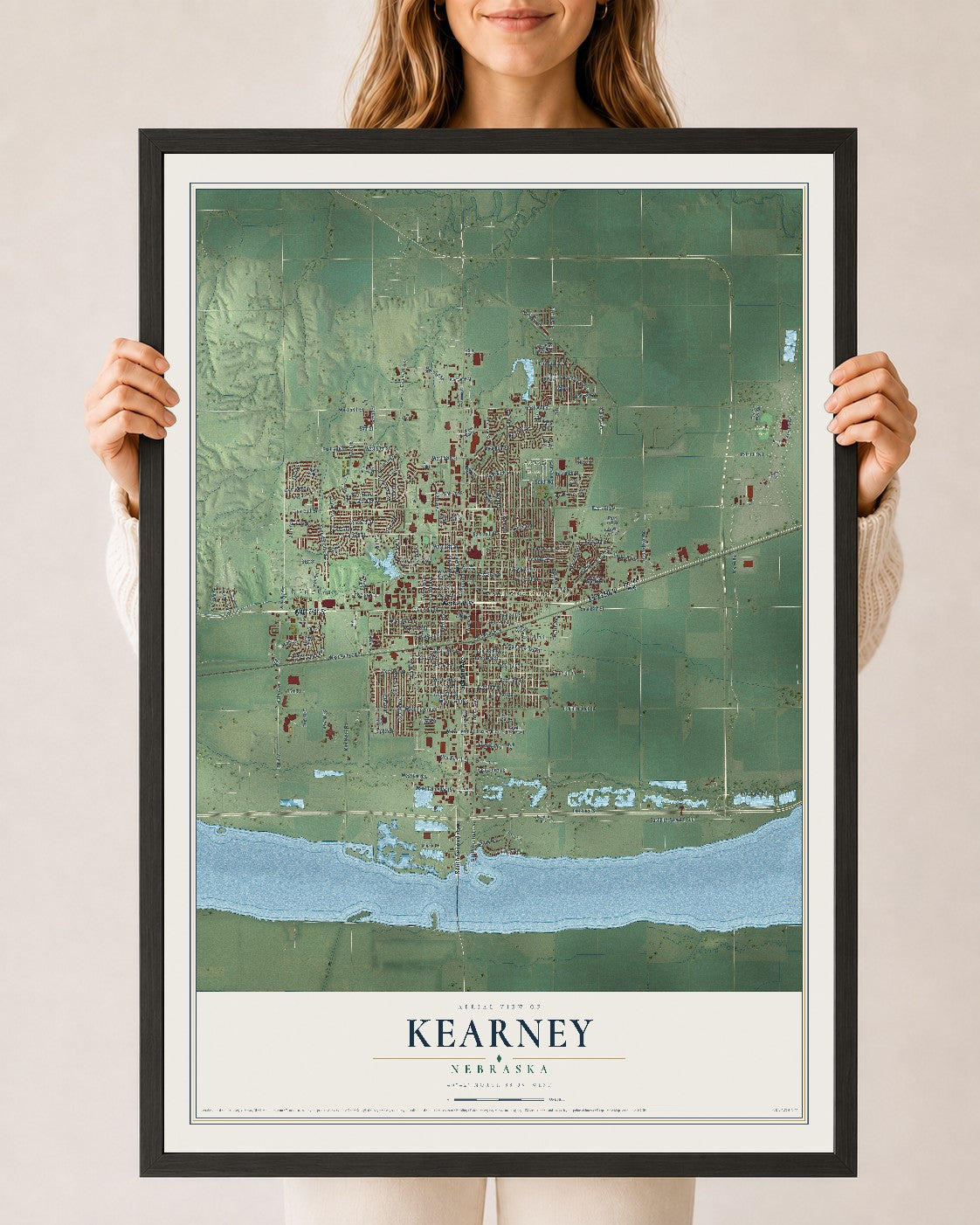 Map of Kearney, Nebraska, 24 x 36 inch print in a black wood frame