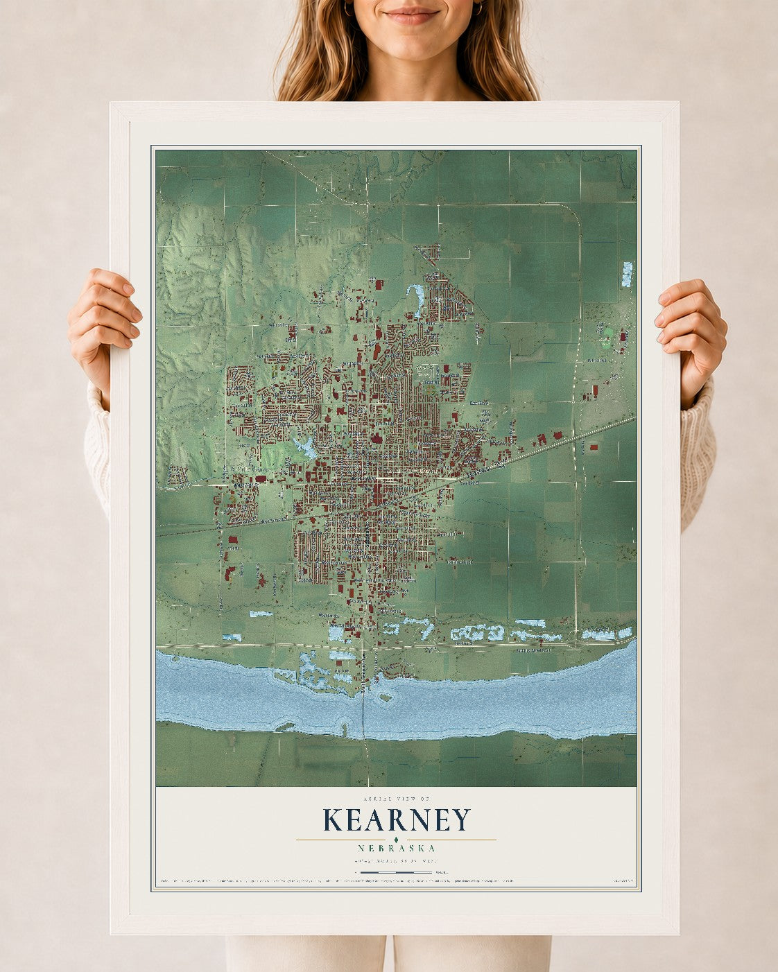 Map of Kearney, Nebraska, 24 x 36 inch print in a white wood frame