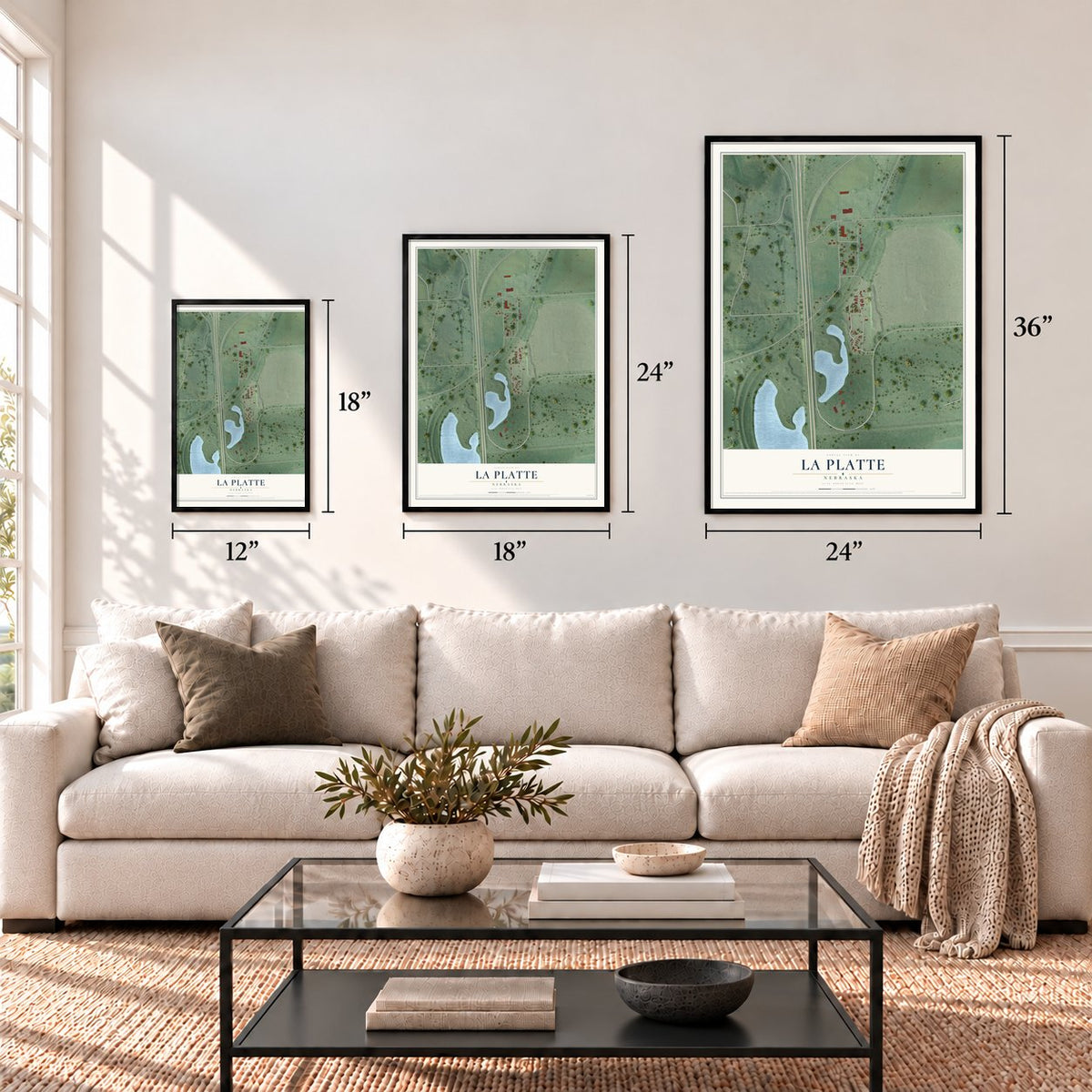 La Platte, Nebraska map in 12 x 18, 18 x 24 and 24 x 36 inch sizes above a sofa