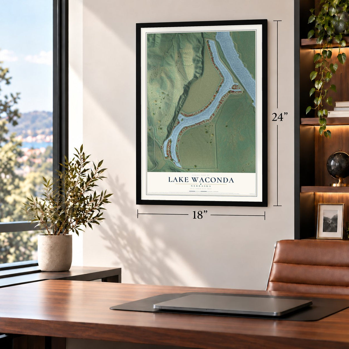 Lake Waconda, Nebraska map, 18 x 24 inch print in a black frame in a home office