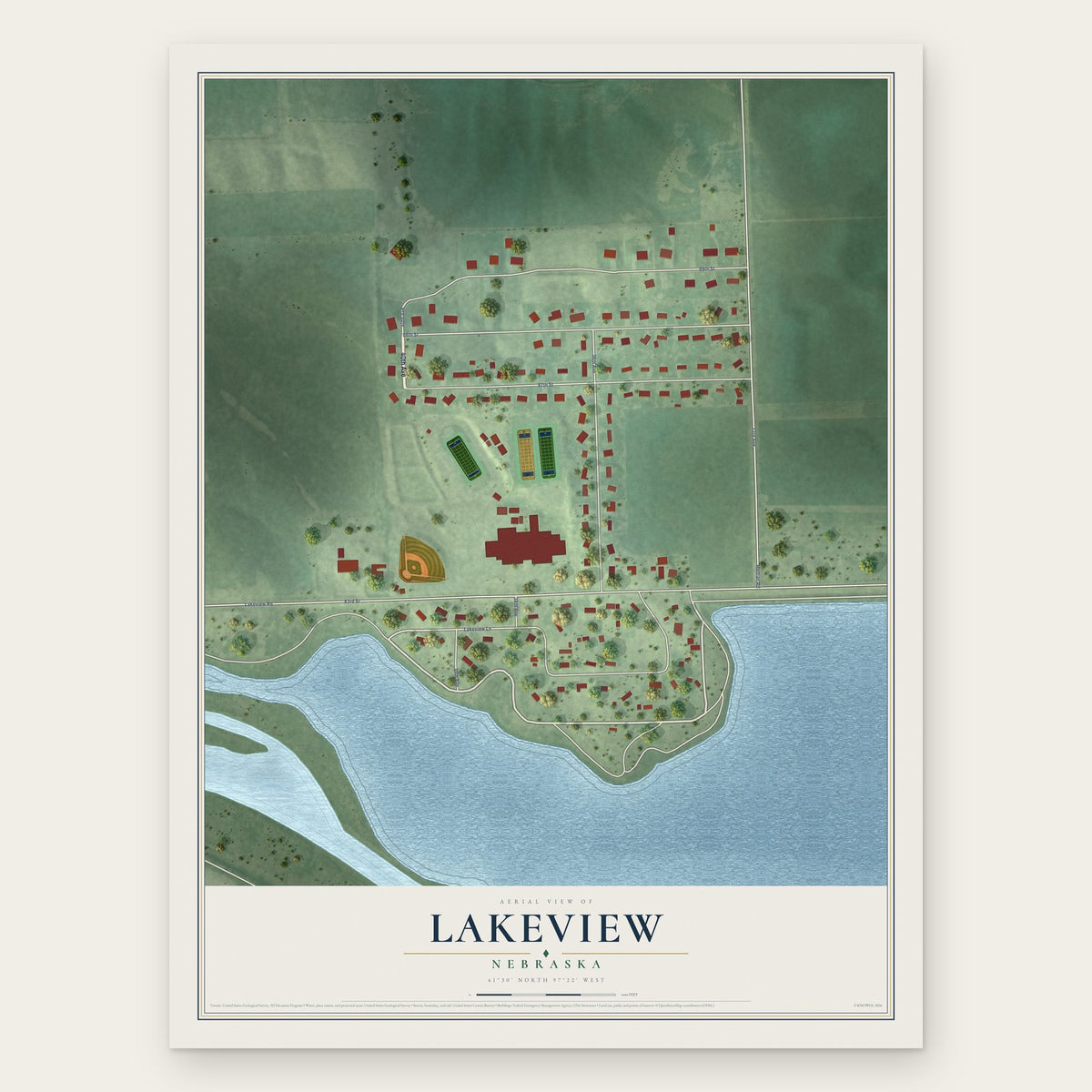 Lakeview, Nebraska map print, the full design