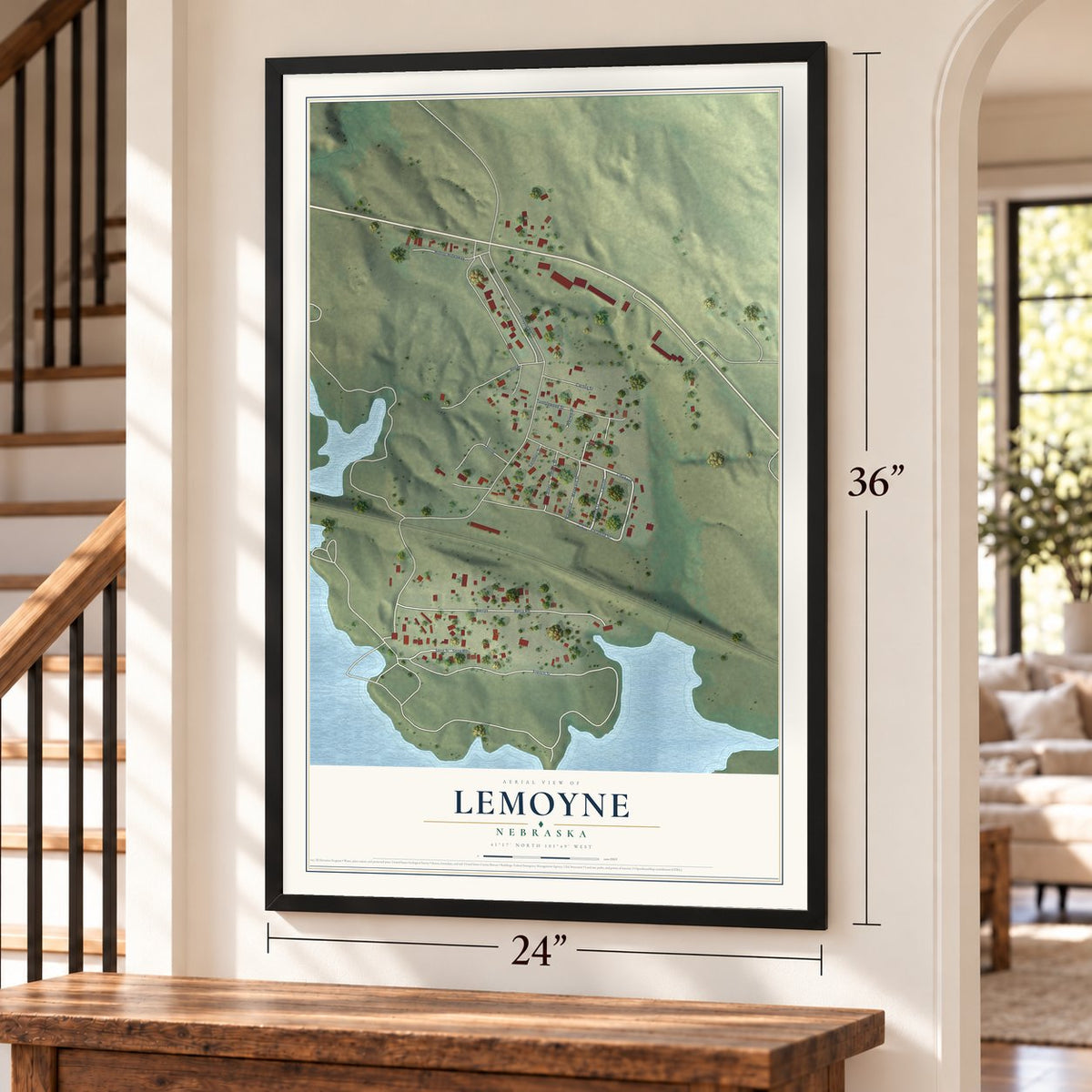Lemoyne, Nebraska map, 24 x 36 inch print in a black frame by a staircase