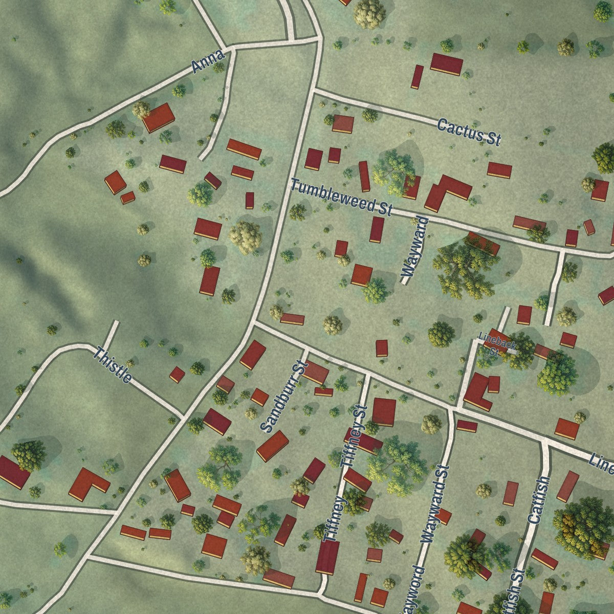 Close-up of the map of Lemoyne, Nebraska print showing street and building detail