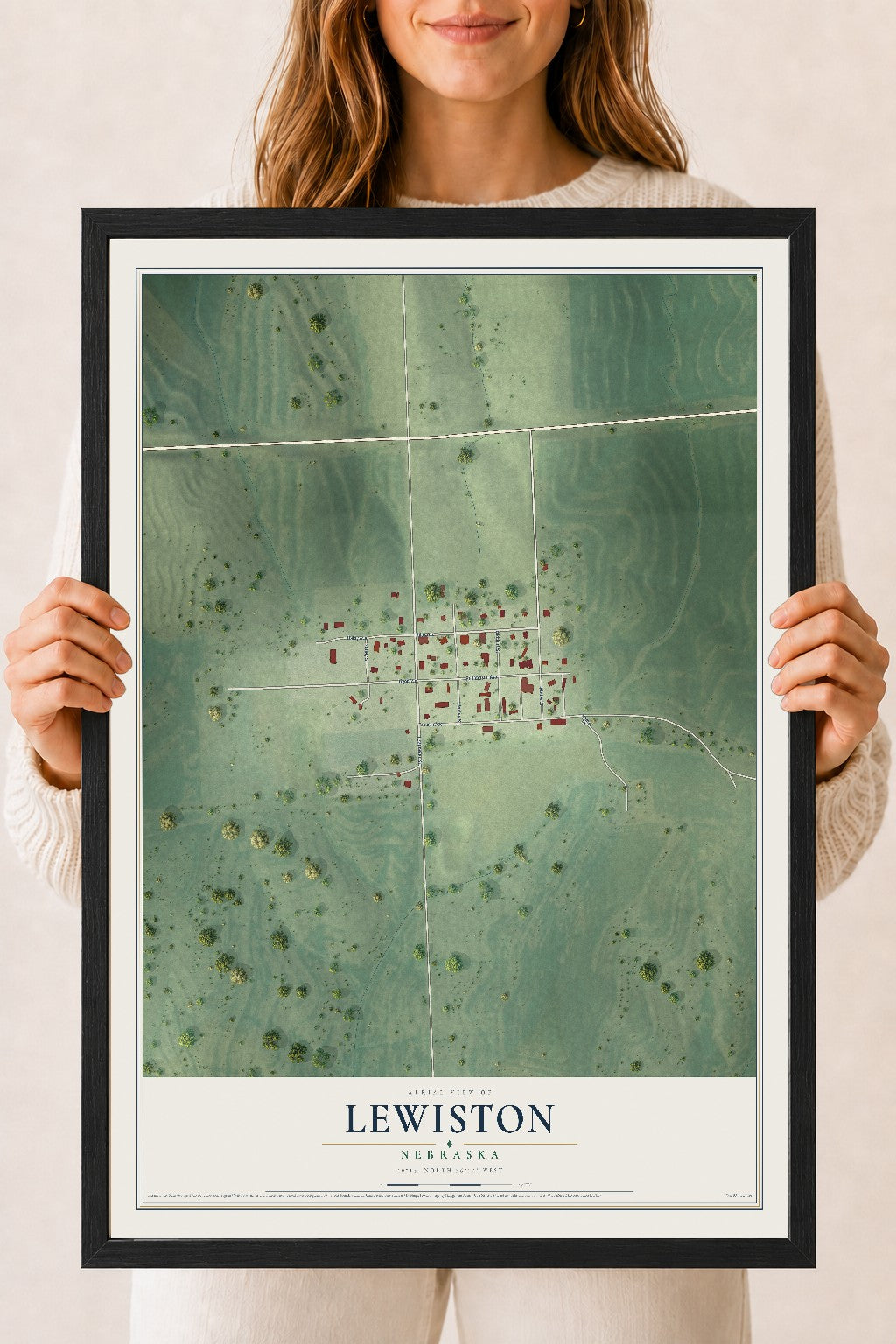 Map of Lewiston, Nebraska, 18 x 24 inch print in a black wood frame