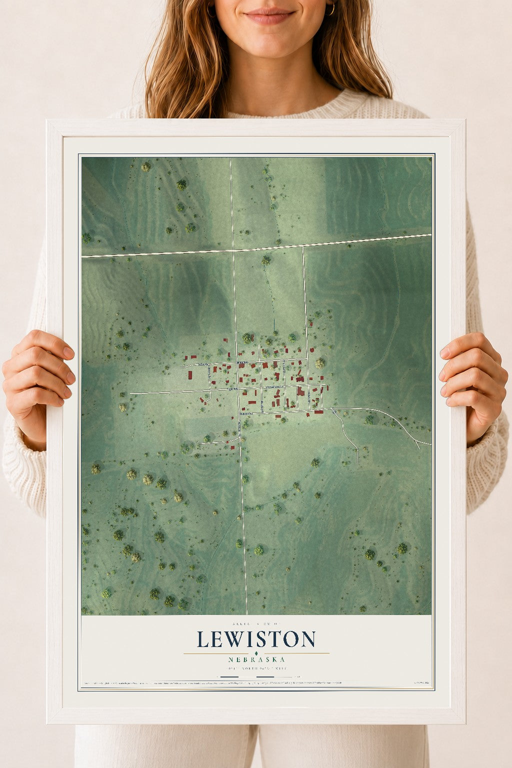 Map of Lewiston, Nebraska, 18 x 24 inch print in a white wood frame