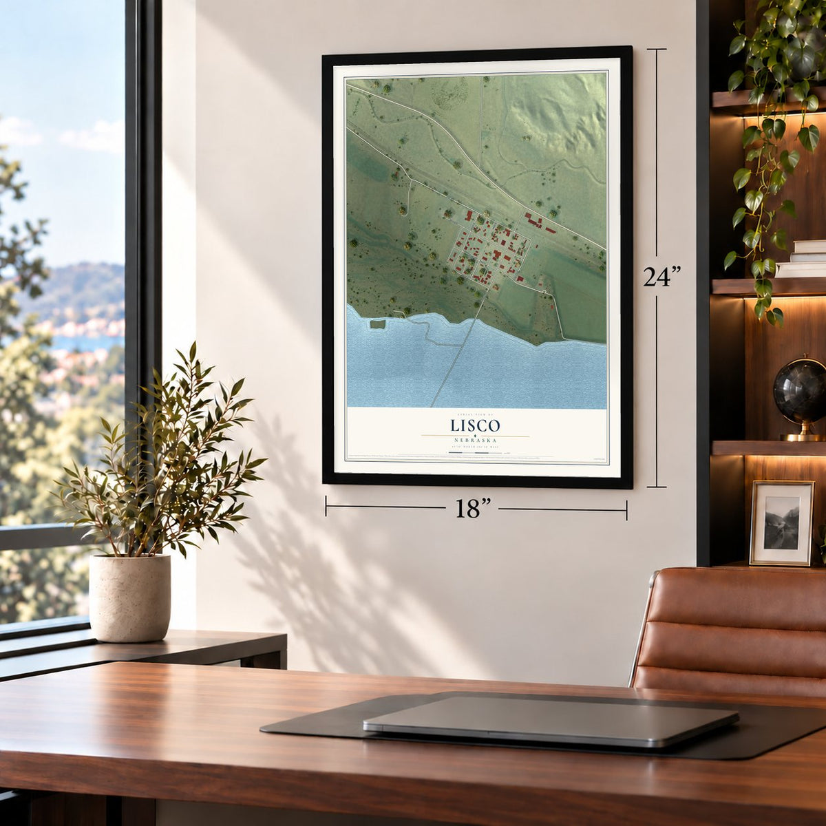Lisco, Nebraska map, 18 x 24 inch print in a black frame in a home office