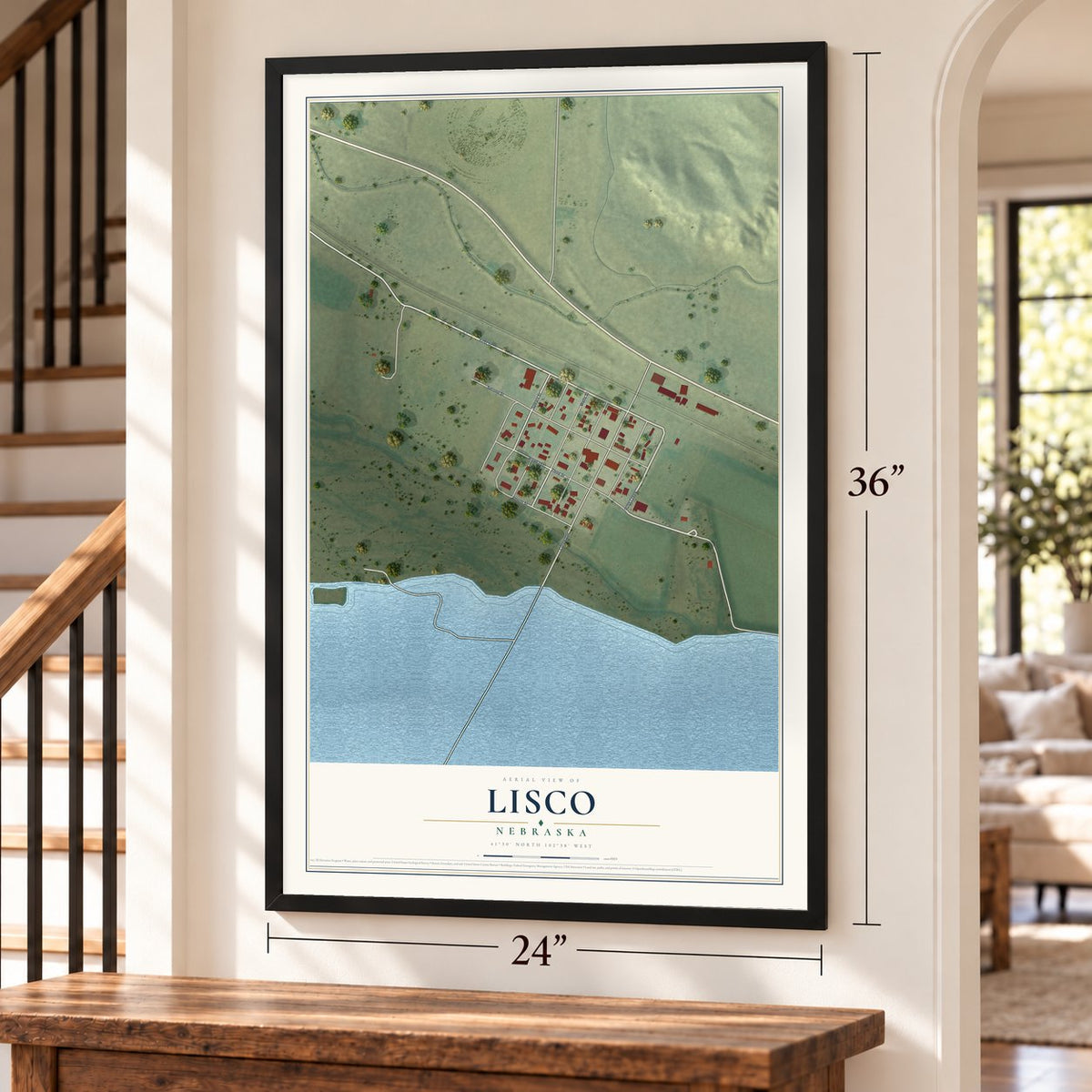 Lisco, Nebraska map, 24 x 36 inch print in a black frame by a staircase