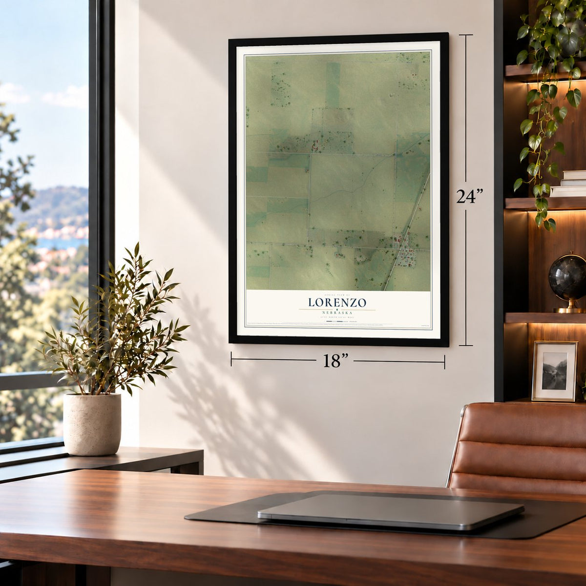 Lorenzo, Nebraska map, 18 x 24 inch print in a black frame in a home office