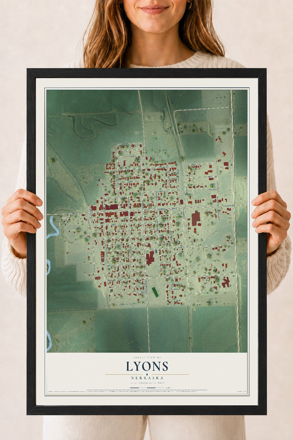 Map of Lyons, Nebraska, 18 x 24 inch print in a black wood frame