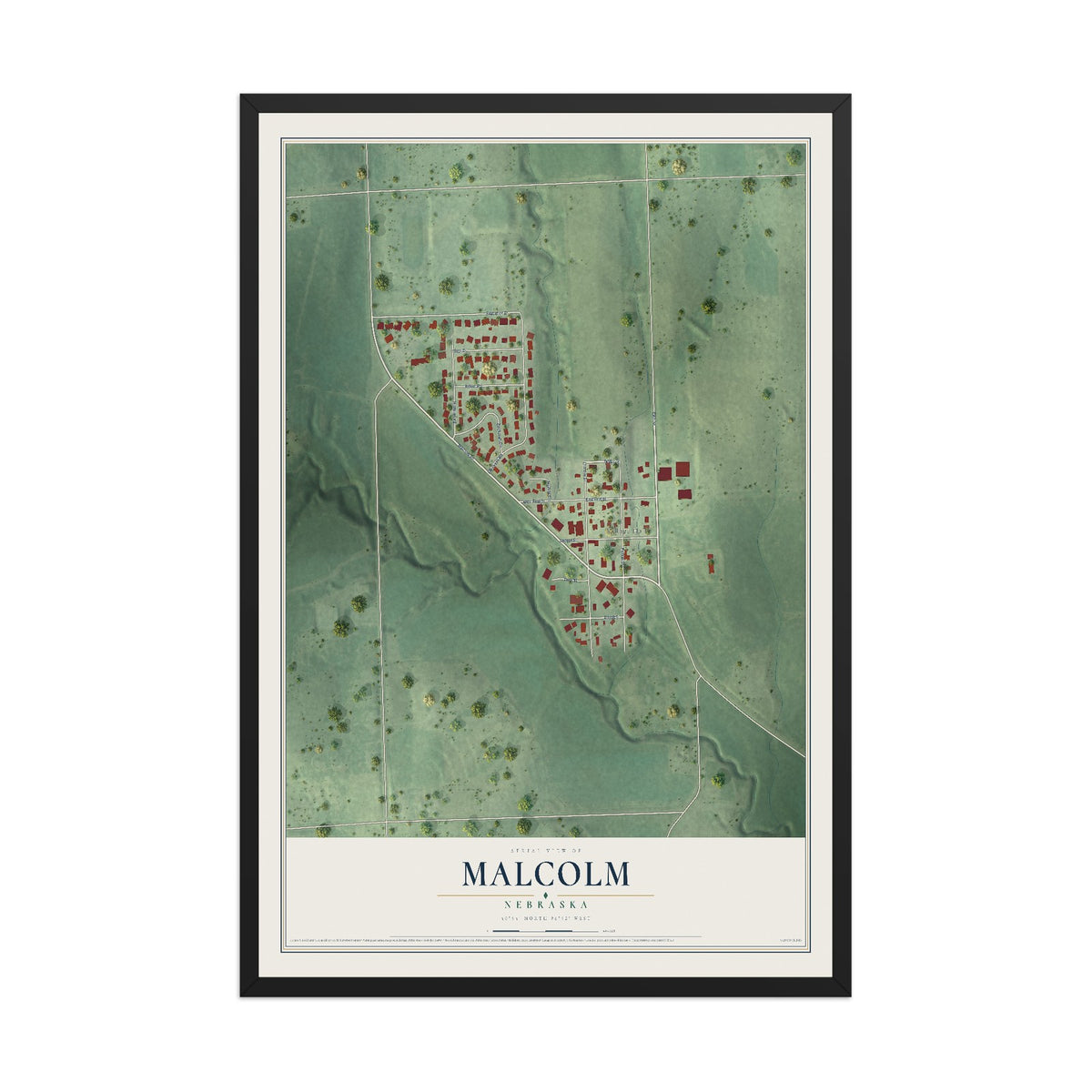 Map of Malcolm, Nebraska, 12 x 18 inch print in a black wood frame