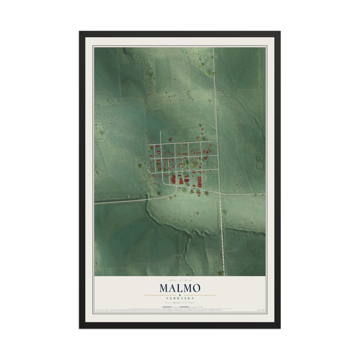 Map of Malmo, Nebraska, 12 x 18 inch print in a black wood frame