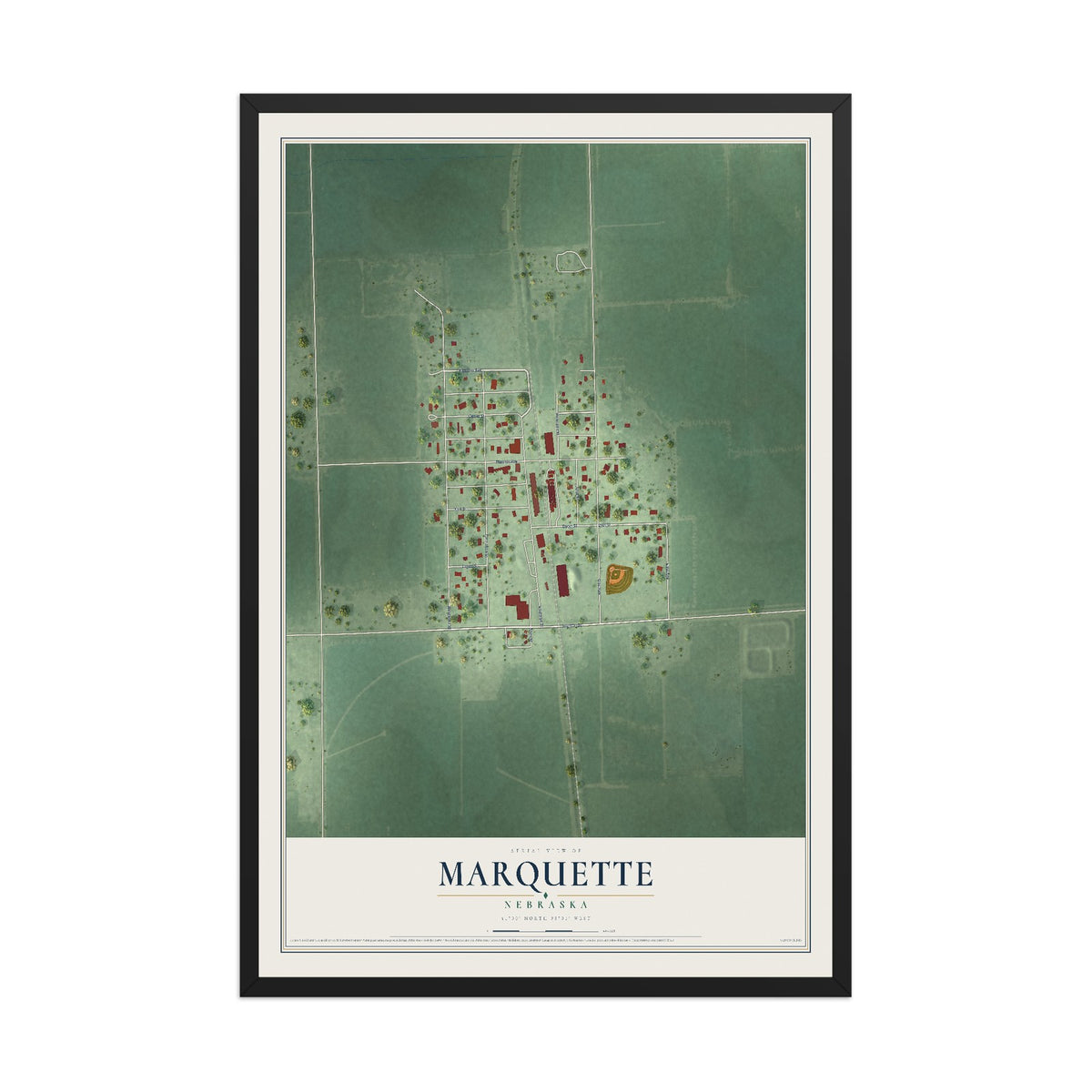 Map of Marquette, Nebraska, 12 x 18 inch print in a black wood frame