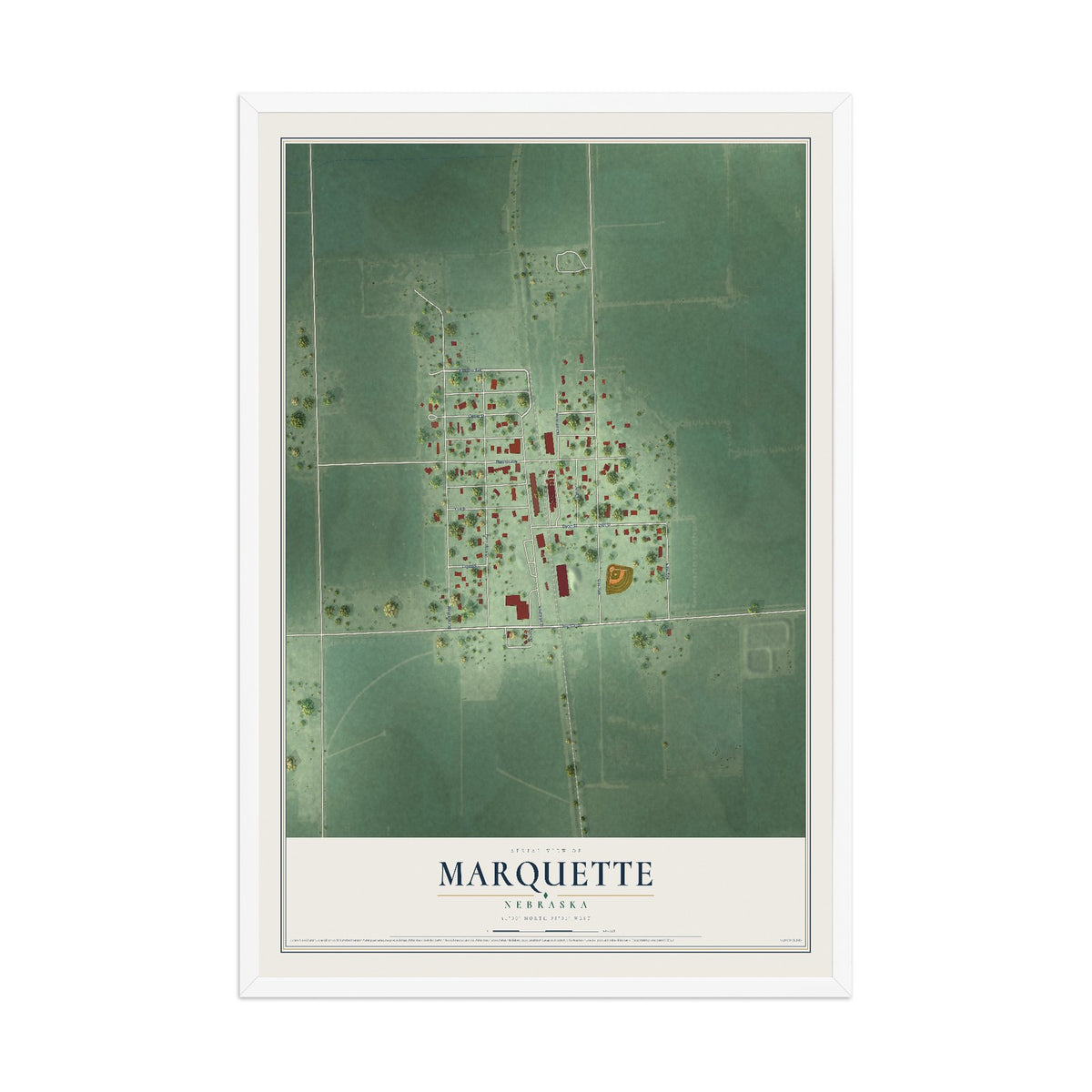 Map of Marquette, Nebraska, 12 x 18 inch print in a white wood frame