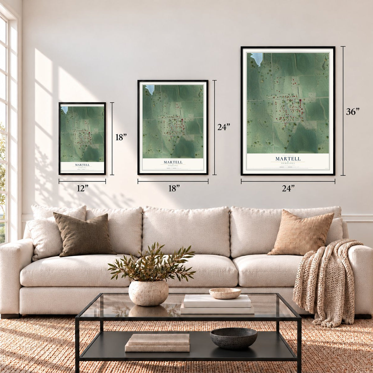 Martell, Nebraska map in 12 x 18, 18 x 24 and 24 x 36 inch sizes above a sofa