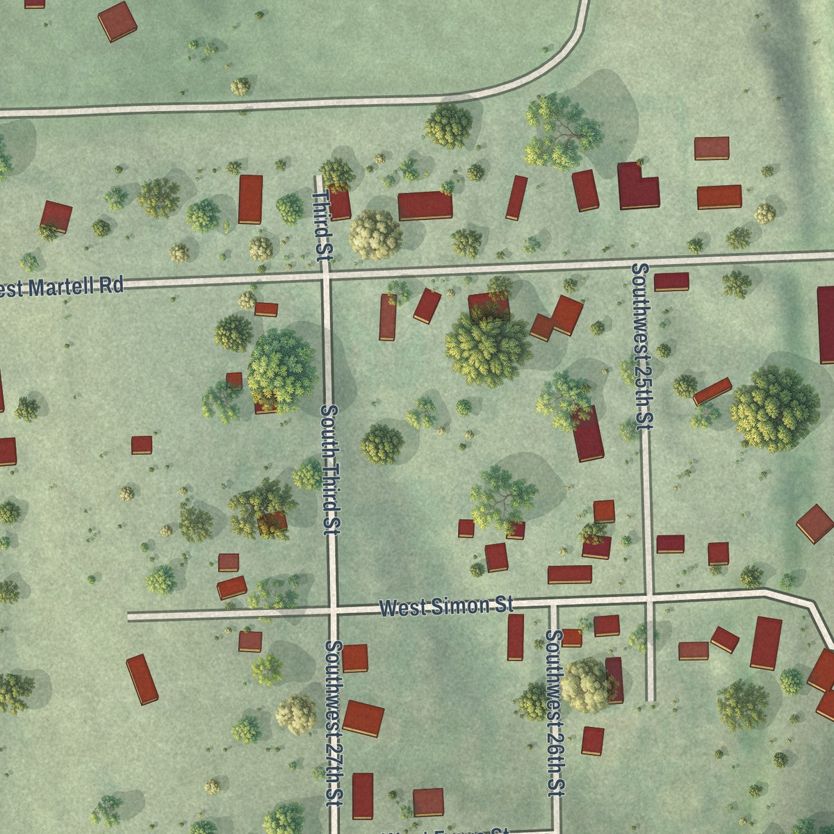 Close-up of the map of Martell, Nebraska print showing street and building detail