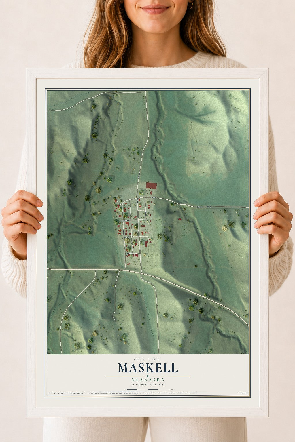 Map of Maskell, Nebraska, 18 x 24 inch print in a white wood frame