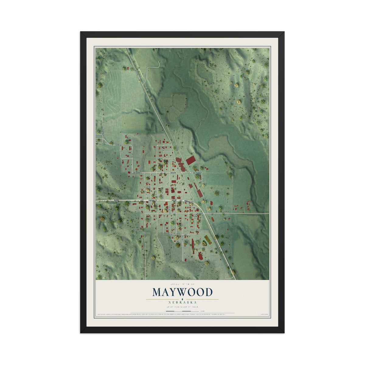 Map of Maywood, Nebraska, 12 x 18 inch print in a black wood frame