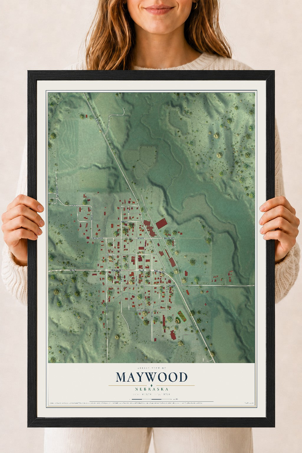 Map of Maywood, Nebraska, 18 x 24 inch print in a black wood frame