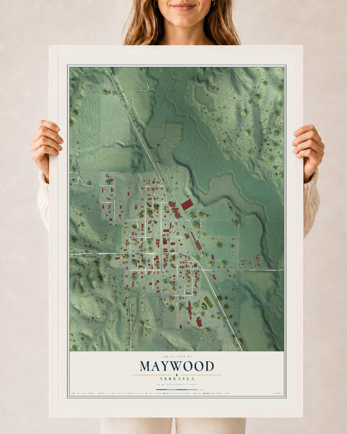 Map of Maywood, Nebraska, 24 x 36 inch print in a white wood frame